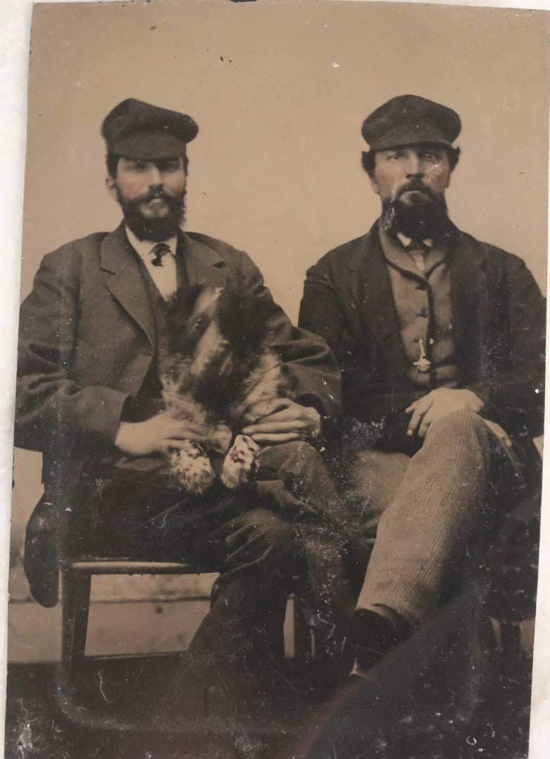 Lot 111 - Antique Tintype Photograph Of Two Bearded Men In Caps With Rambunctious Spotted Dog Seated On Lap, Dog Blurred From Motion