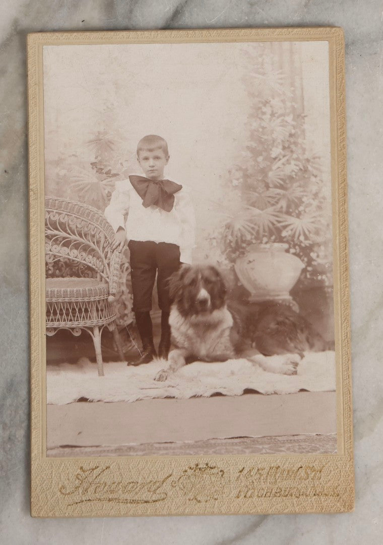 Lot 113 - Antique Cabinet Card Photograph Of Young Boy With Large St. Bernard–Type Farm Dog, Photographed By Howard, Fitchburg, Massachusetts