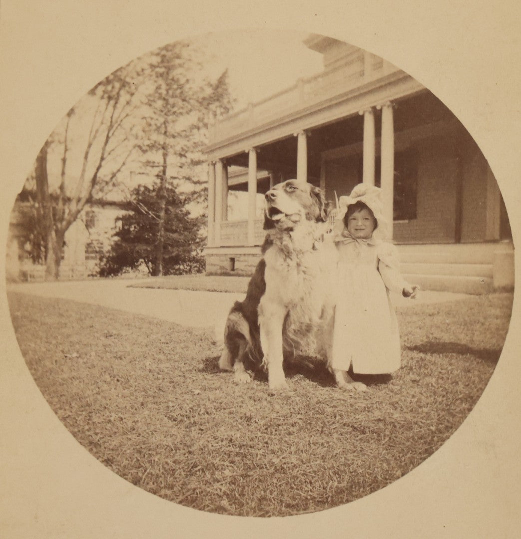 Lot 115 - Antique Cabinet Card Photograph Of Young Child Outdoors With Large Dog Seated On Lawn, Circular Print On Stout Cabinet Mount