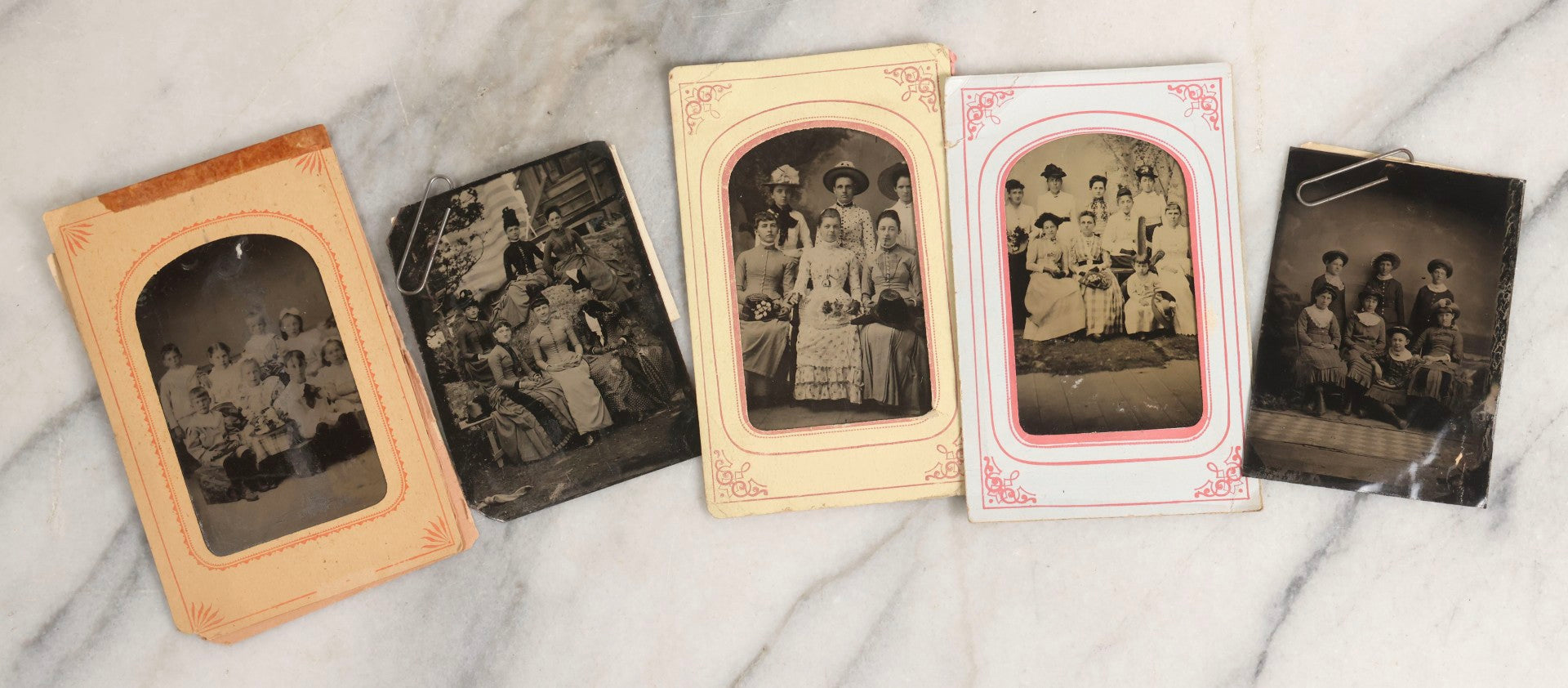 Lot 118 - Grouping Of Five Antique Group Tintype Photographs With Extensive Identifications, Including Tintype Picnic At Nantasket, Identified Teenagers, Outdoor Scene Of Six Women, And Two Paper-Framed Photographs Of Elegantly Dressed Women