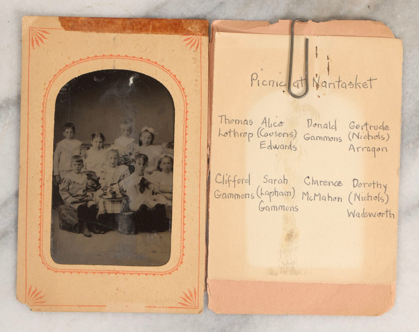 Lot 118 - Grouping Of Five Antique Group Tintype Photographs With Extensive Identifications, Including Tintype Picnic At Nantasket, Identified Teenagers, Outdoor Scene Of Six Women, And Two Paper-Framed Photographs Of Elegantly Dressed Women