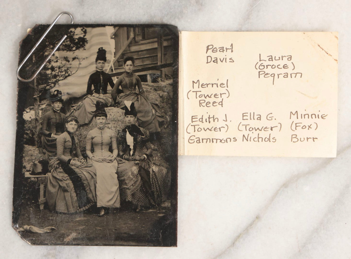 Lot 118 - Grouping Of Five Antique Group Tintype Photographs With Extensive Identifications, Including Tintype Picnic At Nantasket, Identified Teenagers, Outdoor Scene Of Six Women, And Two Paper-Framed Photographs Of Elegantly Dressed Women