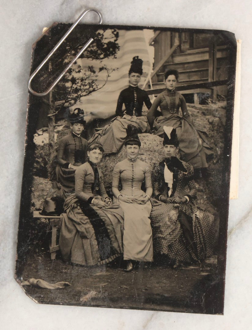 Lot 118 - Grouping Of Five Antique Group Tintype Photographs With Extensive Identifications, Including Tintype Picnic At Nantasket, Identified Teenagers, Outdoor Scene Of Six Women, And Two Paper-Framed Photographs Of Elegantly Dressed Women