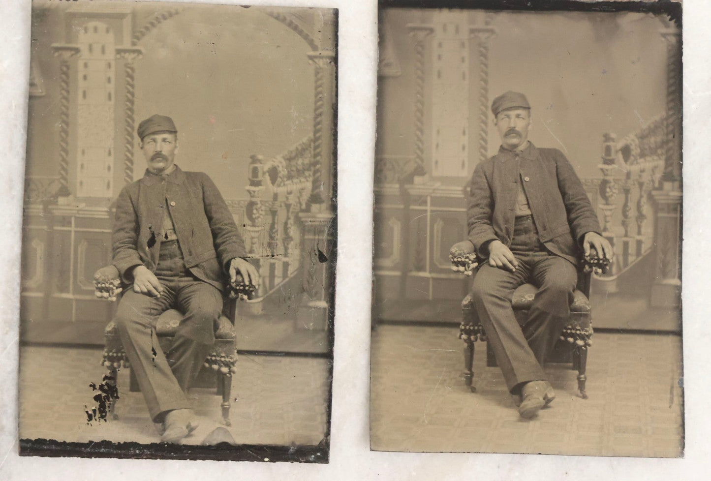 Lot 119 - Grouping Of 18 Antique Tintype Photographs Including Multiple Portraits Of Gruff Mustached Man In Cap, Woman Holding Book, Annoyed Teenage Girl In Small Hat, Family Of Five, Very Old Bearded Man, And Handsome Young Man In Cap