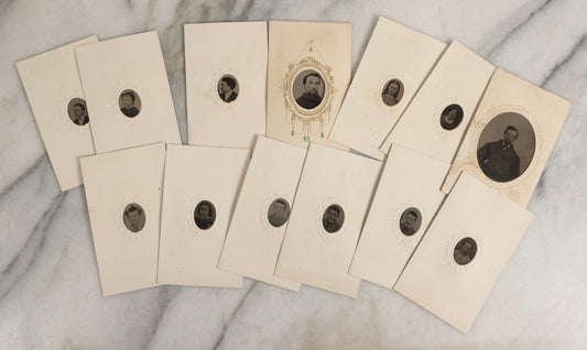 Lot 120 - Grouping Of 13 Antique Tintype Photographs In Paper Frames, Mostly Gem-Sized Portraits Of Children