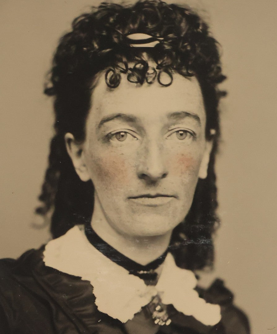 Lot 121 - Antique Half Plate Tintype Photograph Of Gaunt Woman With Rosy Cheeks And Curly Hair
