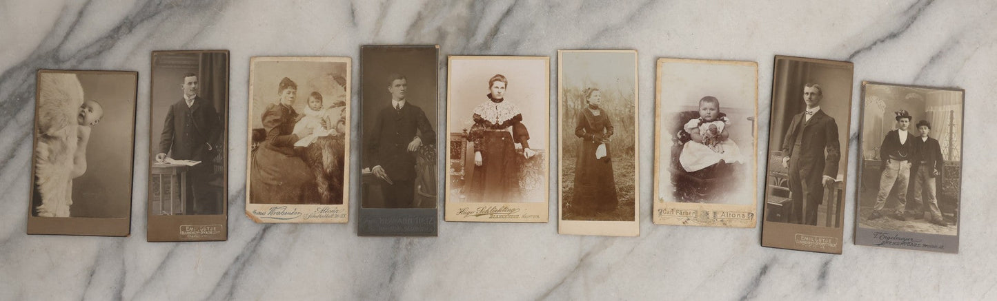 Lot 126 - Grouping Of Nine Antique German Carte De Visite C.D.V.. Photographs Including Girl With Doll, Naked Baby, Young Men In Bowler Hats, And Unusual Narrow C.D.V.. Formats
