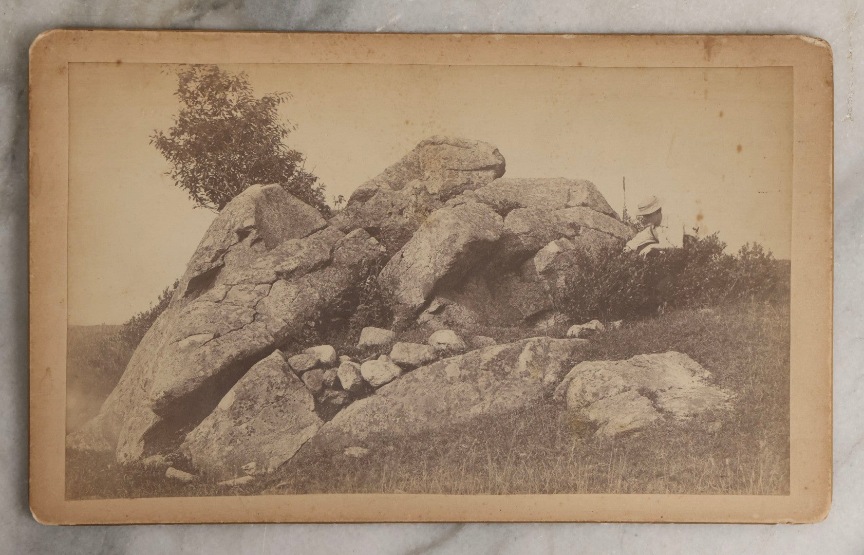 Lot 130 - Antique Large Cabinet Card Photograph Of Person Posed By Foliage And Rock Formation, Titled “A New England Pasture,” Holliston, Massachusetts