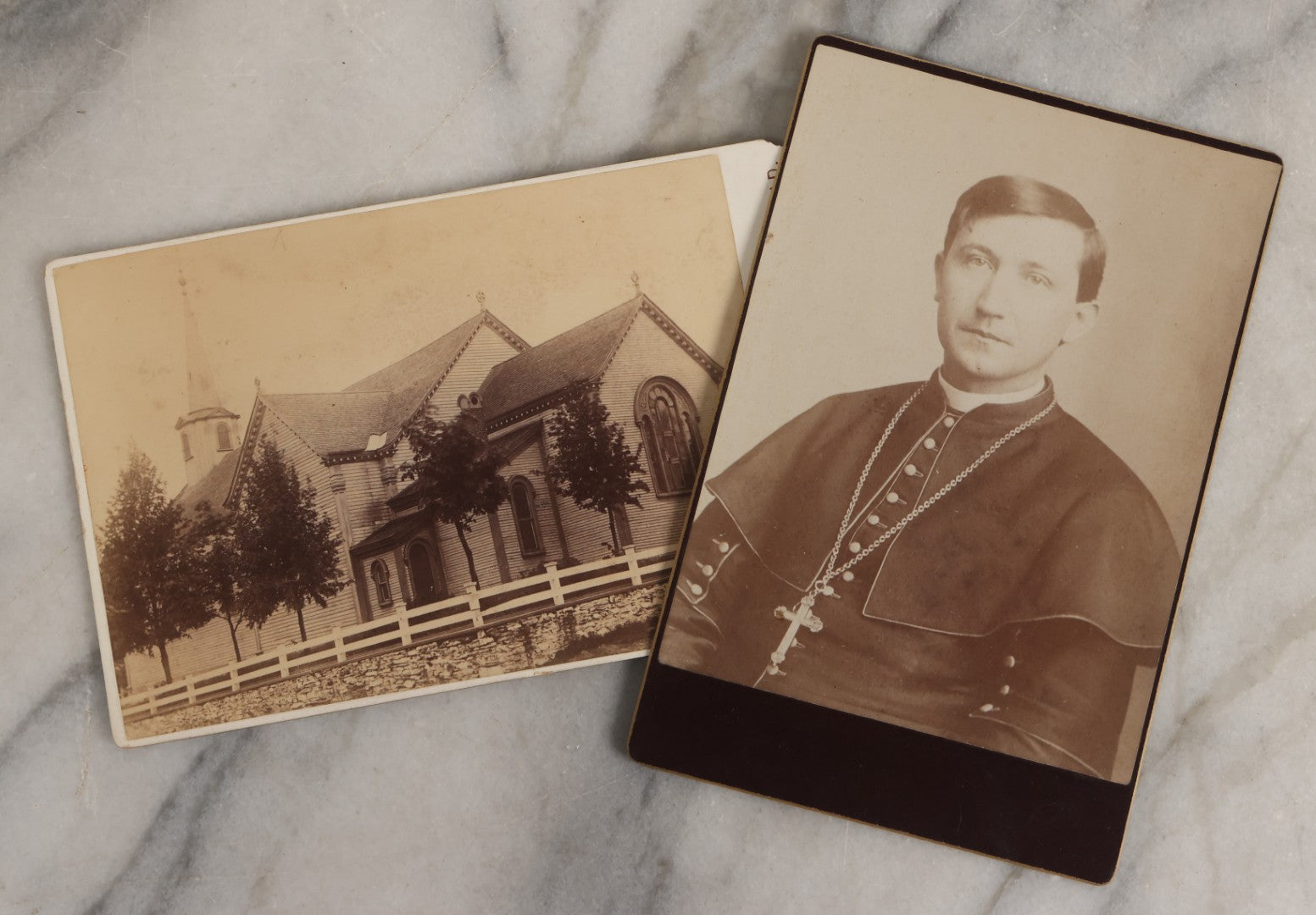 Lot 131 - Pair Of Antique Cabinet Card Photographs Including Unidentified Priest With Pectoral Crucifix And Victorian Wooden Church, The Latter Photographed By Emil Vieler, Huddersfield, West Yorkshire, England