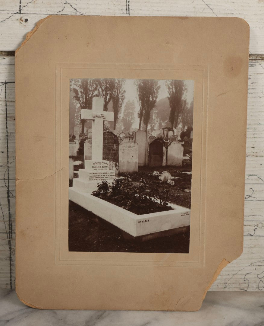 Lot 136 - Antique Boarded Photograph Of Grave And Monument Of Charles K. Quarry, 1913, Featuring Marble Cross With Shaking Hands Motif, Cemetery In London