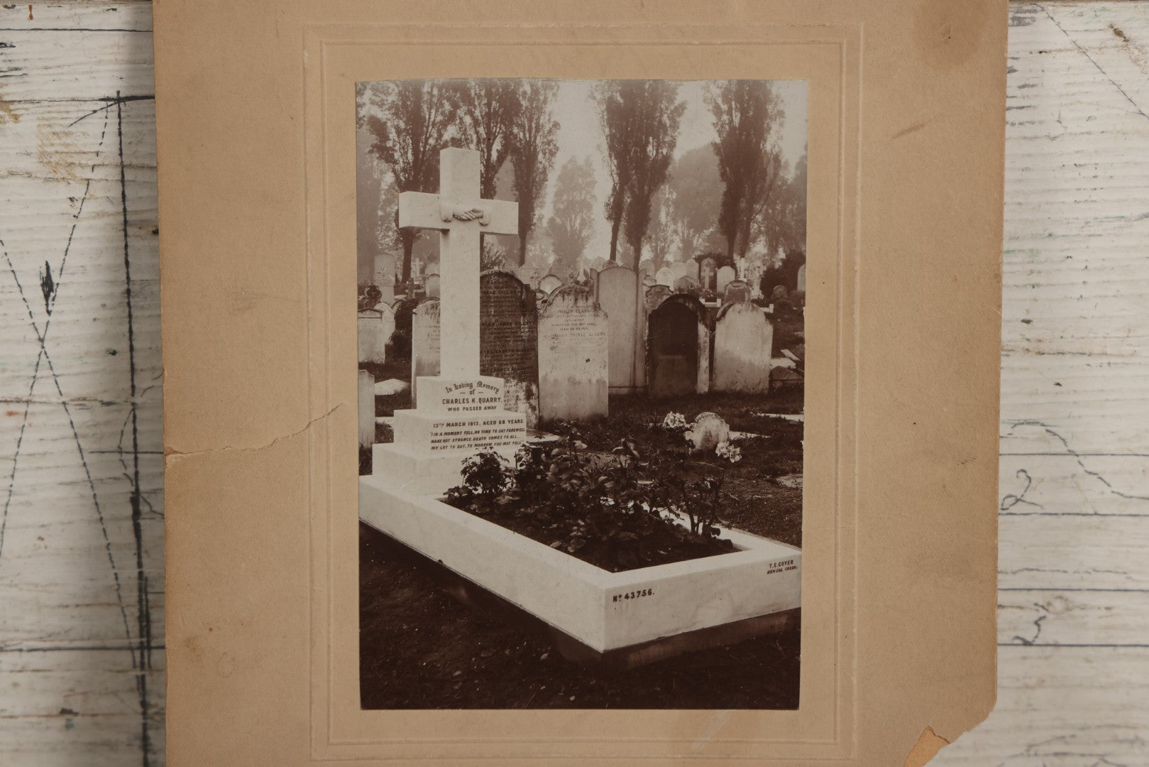 Lot 136 - Antique Boarded Photograph Of Grave And Monument Of Charles K. Quarry, 1913, Featuring Marble Cross With Shaking Hands Motif, Cemetery In London
