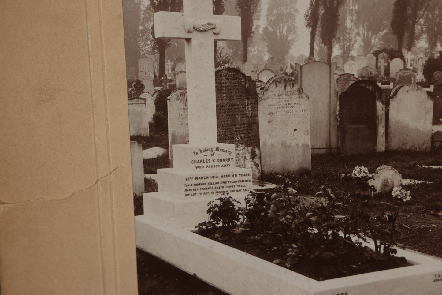 Lot 136 - Antique Boarded Photograph Of Grave And Monument Of Charles K. Quarry, 1913, Featuring Marble Cross With Shaking Hands Motif, Cemetery In London