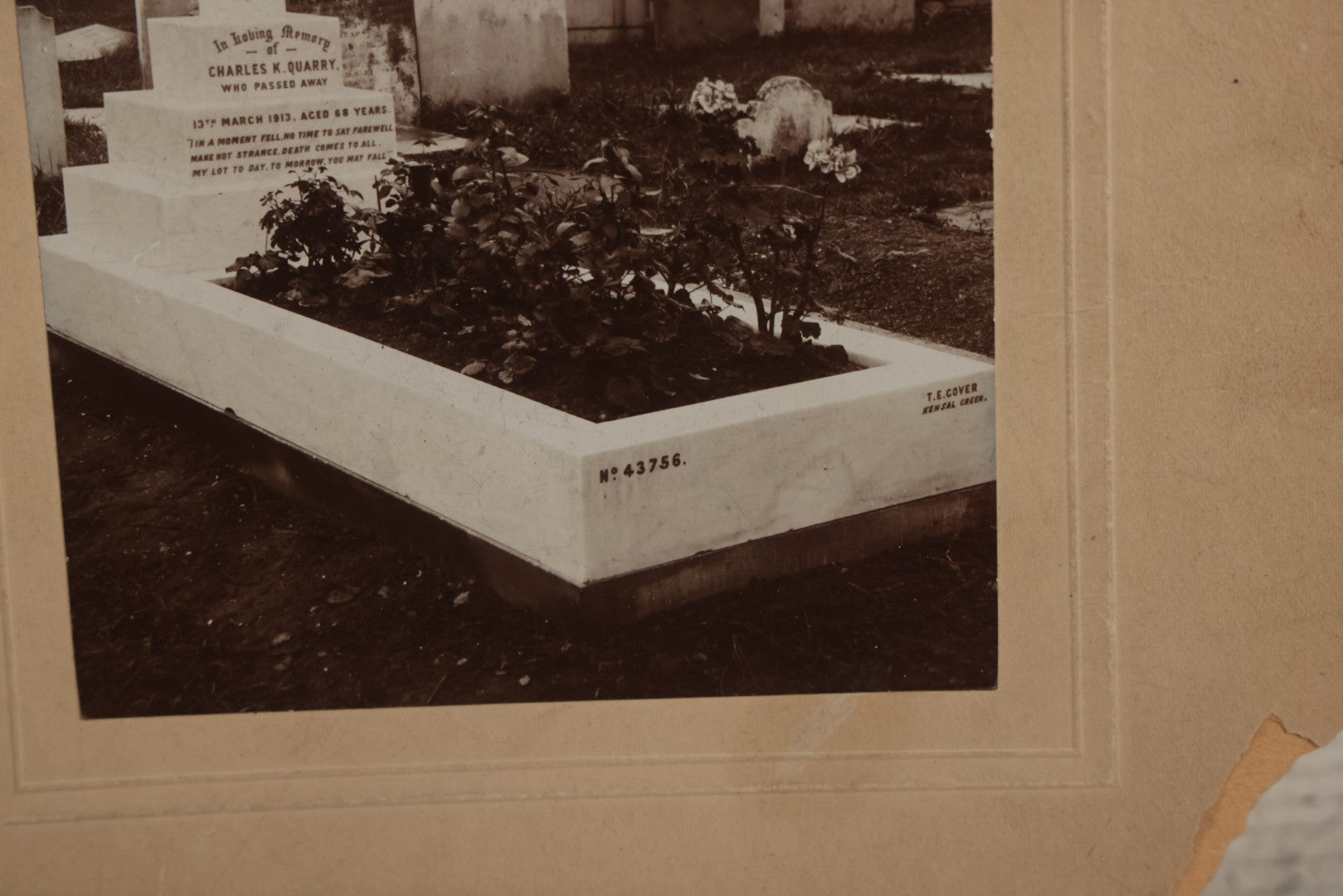 Lot 136 - Antique Boarded Photograph Of Grave And Monument Of Charles K. Quarry, 1913, Featuring Marble Cross With Shaking Hands Motif, Cemetery In London