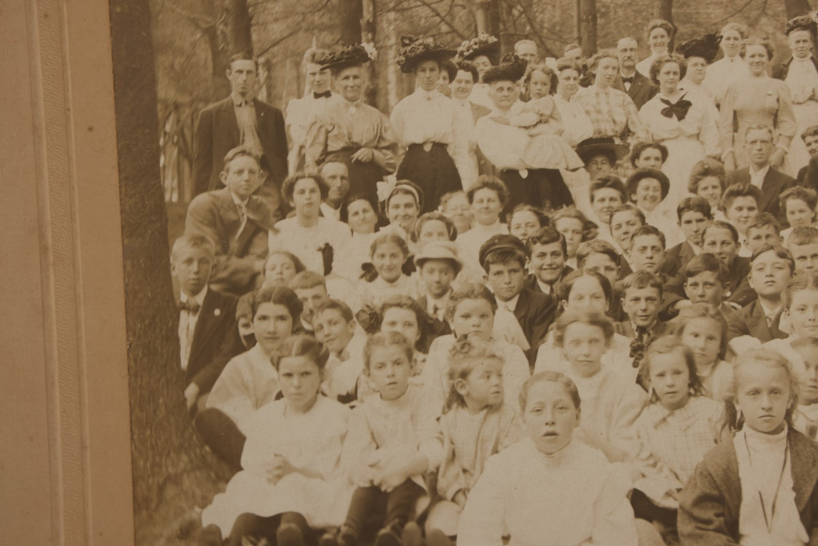 Lot 137 - Antique Boarded Photograph Of Large Group Of Children In Woodland Clearing With Adults Standing Behind, Likely Summer Camp, Photographed By Moon Co. Photo, Worcester, Massachusetts, June 28, 1910