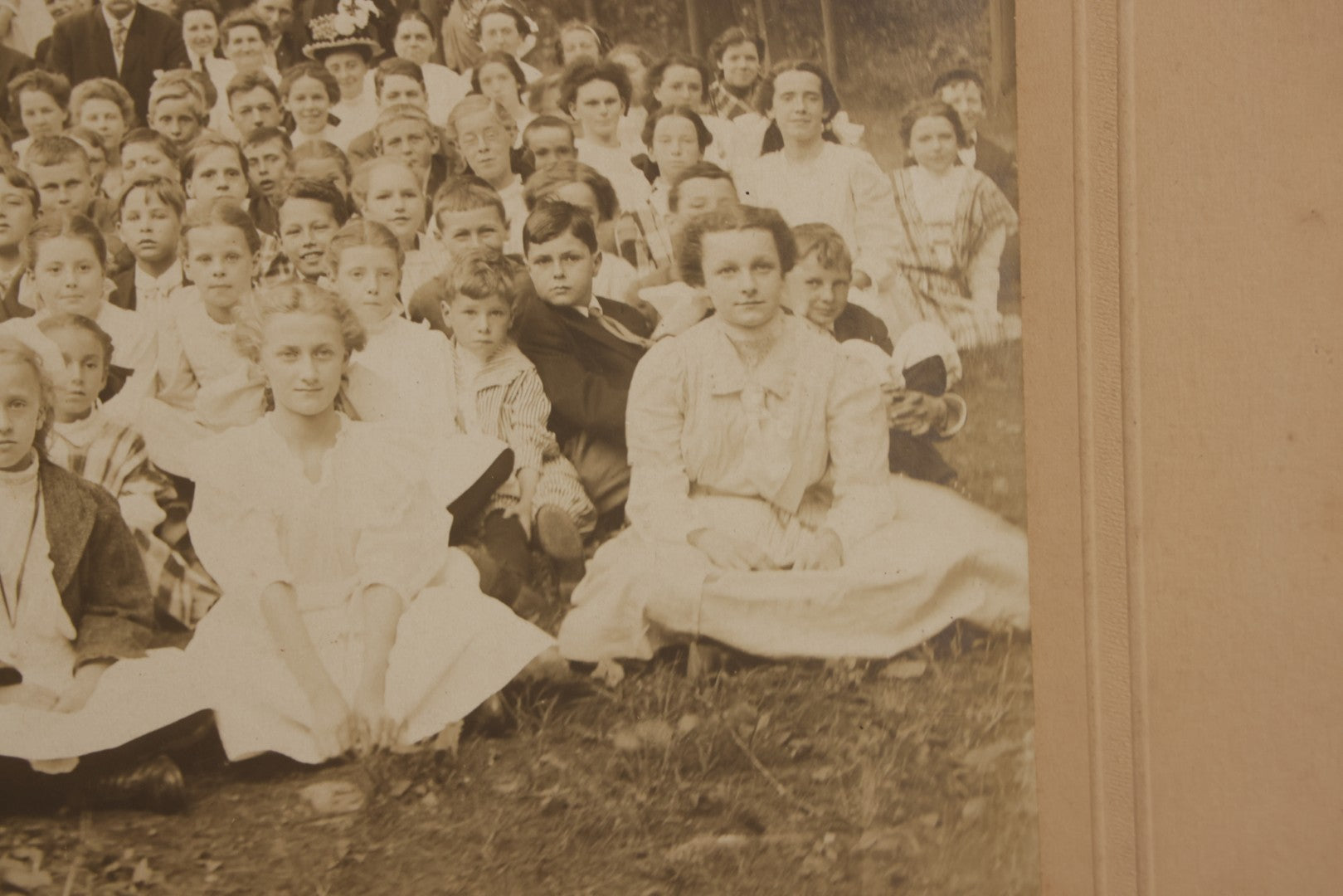 Lot 137 - Antique Boarded Photograph Of Large Group Of Children In Woodland Clearing With Adults Standing Behind, Likely Summer Camp, Photographed By Moon Co. Photo, Worcester, Massachusetts, June 28, 1910