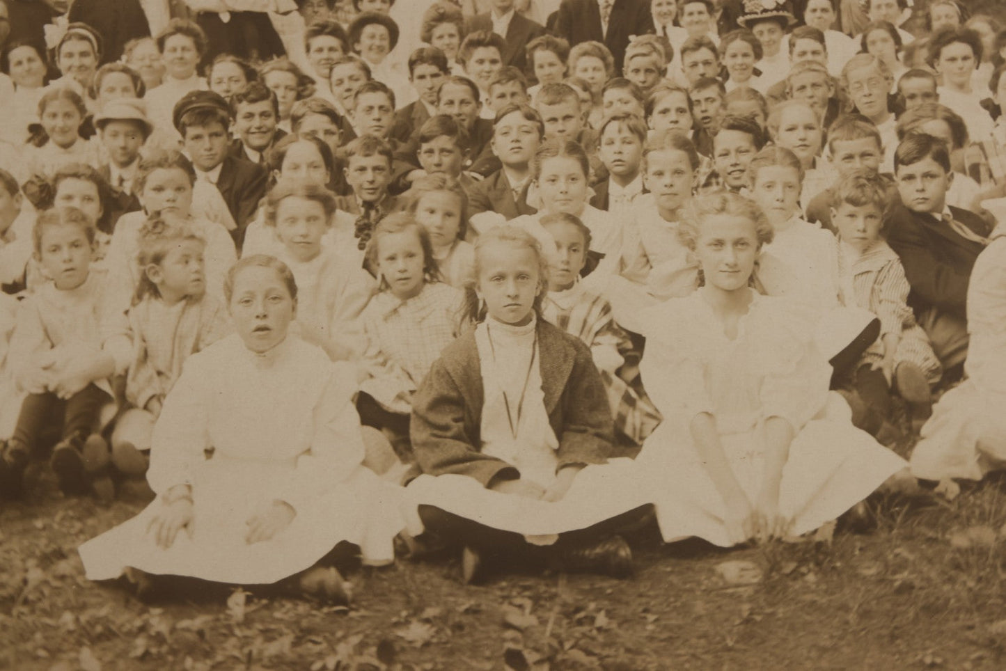 Lot 137 - Antique Boarded Photograph Of Large Group Of Children In Woodland Clearing With Adults Standing Behind, Likely Summer Camp, Photographed By Moon Co. Photo, Worcester, Massachusetts, June 28, 1910