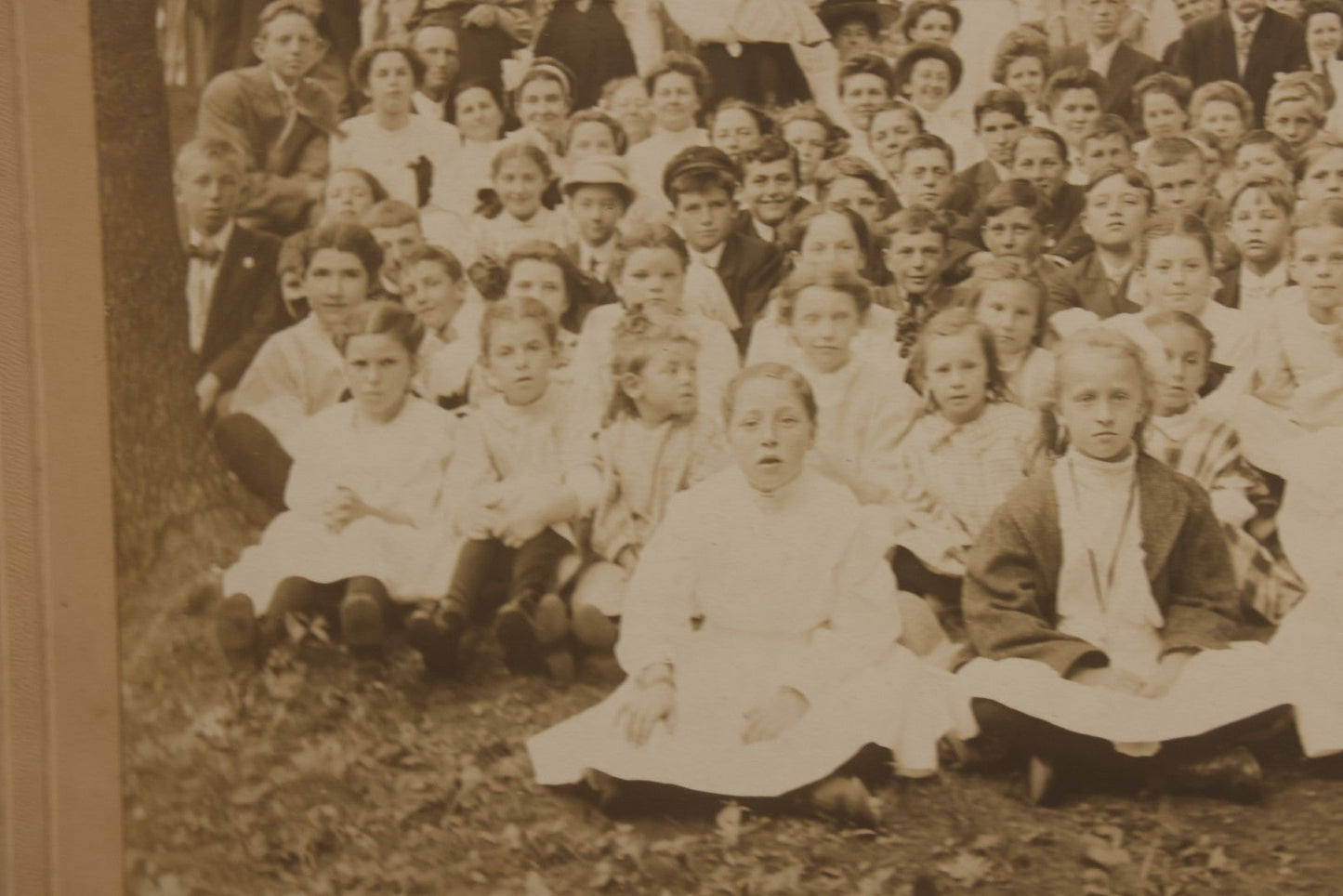 Lot 137 - Antique Boarded Photograph Of Large Group Of Children In Woodland Clearing With Adults Standing Behind, Likely Summer Camp, Photographed By Moon Co. Photo, Worcester, Massachusetts, June 28, 1910