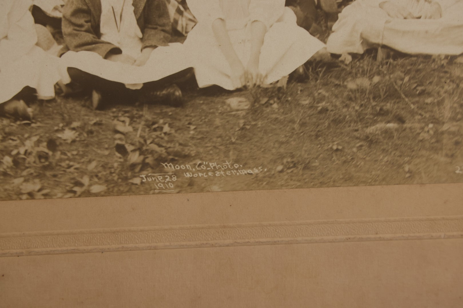 Lot 137 - Antique Boarded Photograph Of Large Group Of Children In Woodland Clearing With Adults Standing Behind, Likely Summer Camp, Photographed By Moon Co. Photo, Worcester, Massachusetts, June 28, 1910