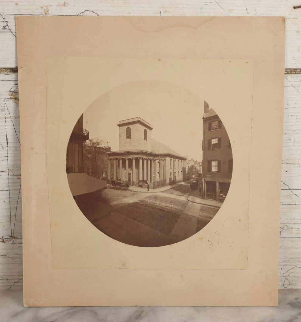Lot 139 - Antique Boarded Photograph Of King's Chapel, Boston, Massachusetts, With Horse-Drawn Carriages, Circular Print With Revenue Stamp On Verso
