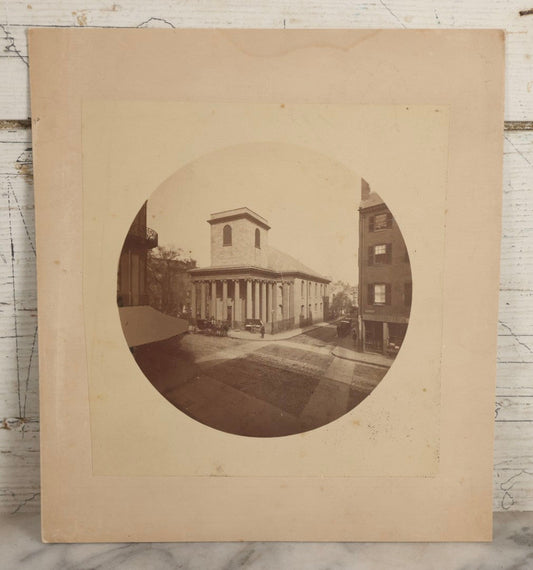 Lot 139 - Antique Boarded Photograph Of King's Chapel, Boston, Massachusetts, With Horse-Drawn Carriages, Circular Print With Revenue Stamp On Verso