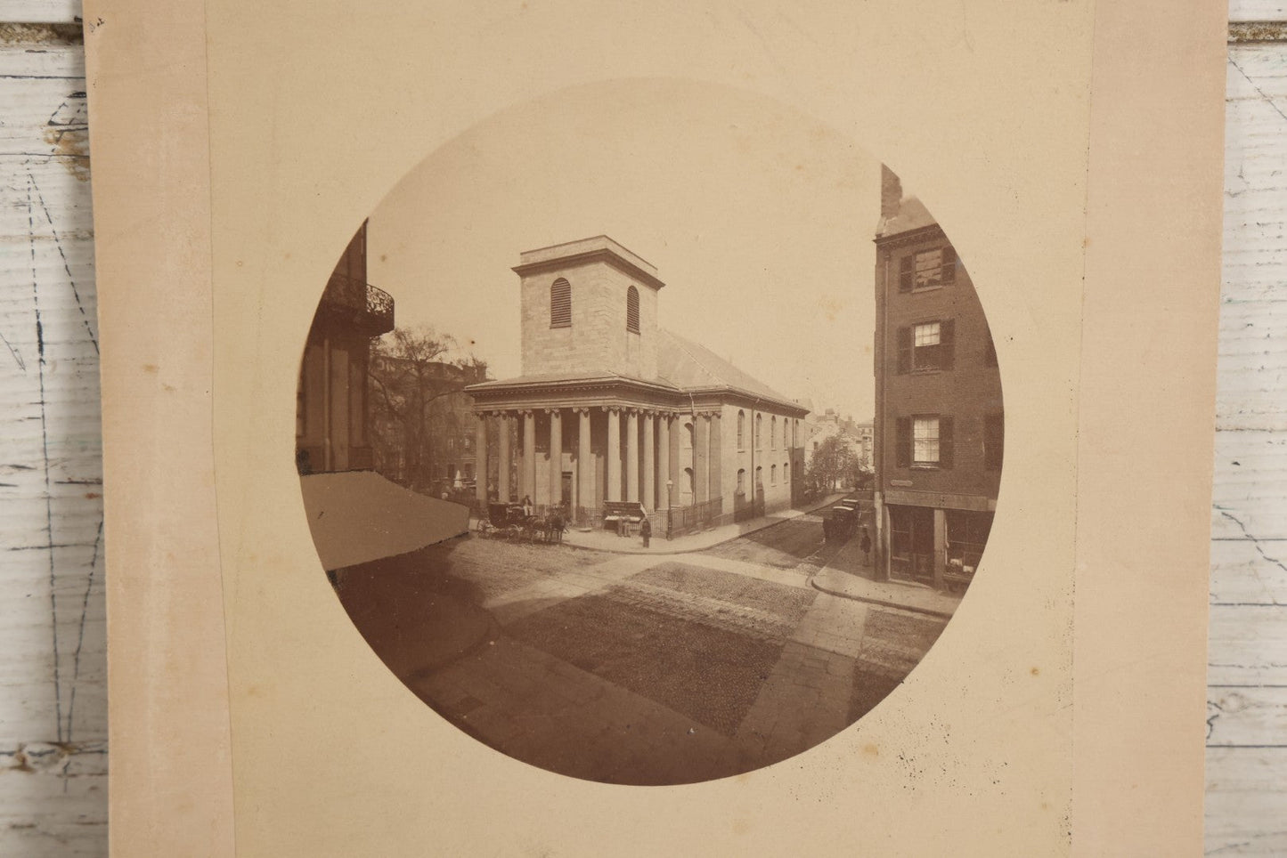 Lot 139 - Antique Boarded Photograph Of King's Chapel, Boston, Massachusetts, With Horse-Drawn Carriages, Circular Print With Revenue Stamp On Verso
