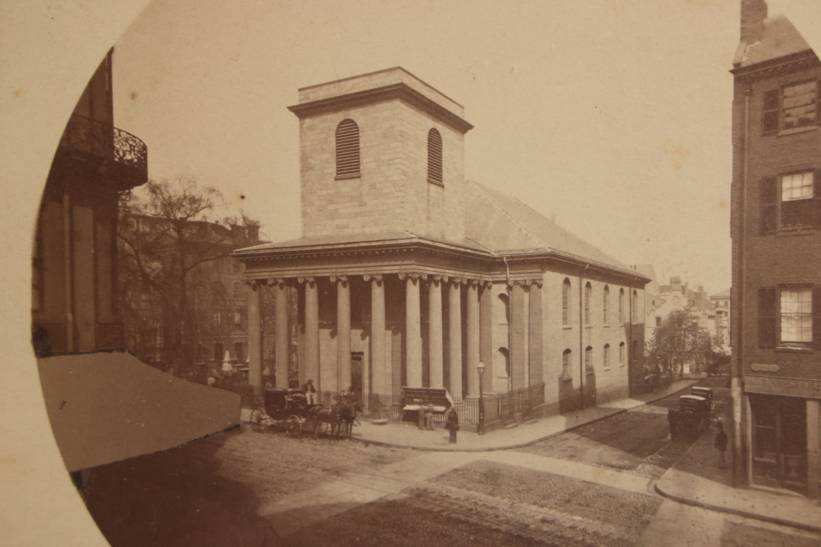 Lot 139 - Antique Boarded Photograph Of King's Chapel, Boston, Massachusetts, With Horse-Drawn Carriages, Circular Print With Revenue Stamp On Verso