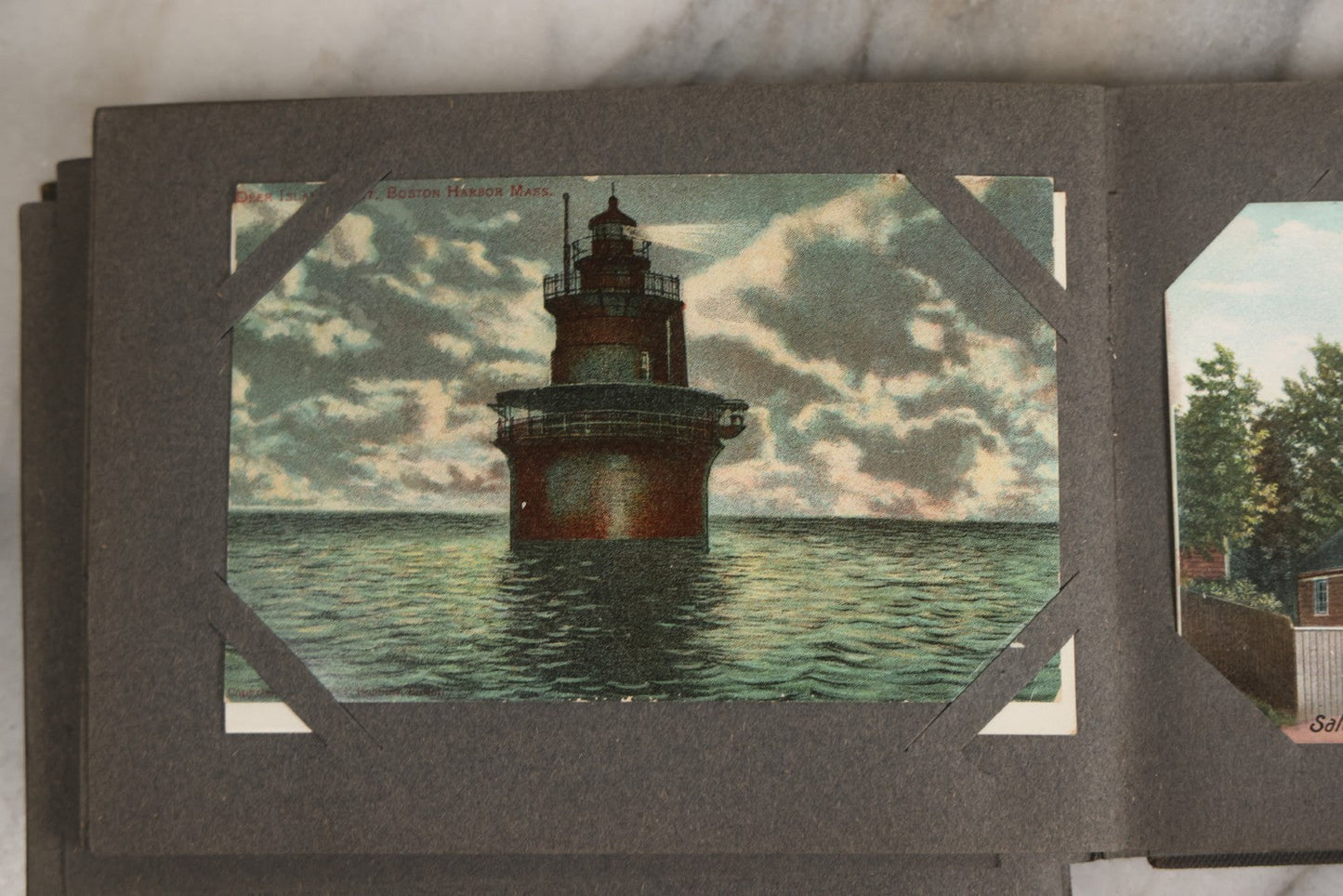 Lot 144 - Antique Postcard Album Containing 33 Postcards Including Christmas, Valentine's, & Easter Cards And Massachusetts Views Such As Charlestown Bridge, Haunted Mill In West Peabody, Deer Island Light, Narbonne House, And Malden Fire House No. 1