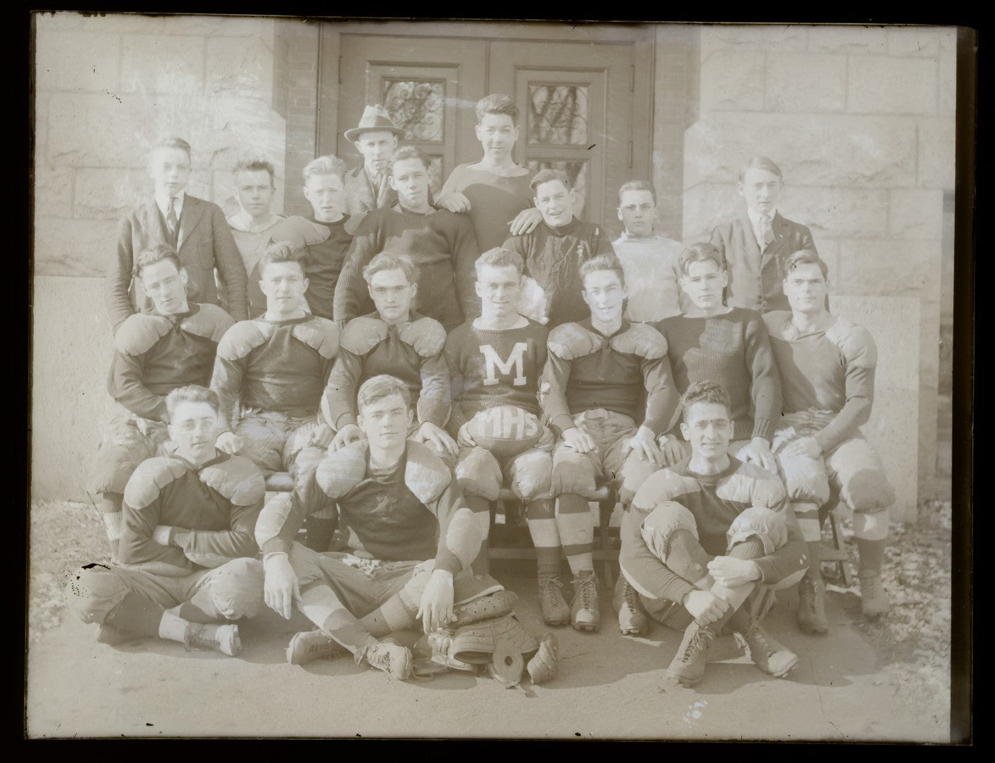 Lot 147 - Vintage Glass Plate Photographic Negative Of Mhs Football Team Portrait With Players In Numbered Uniforms Posed In Rows