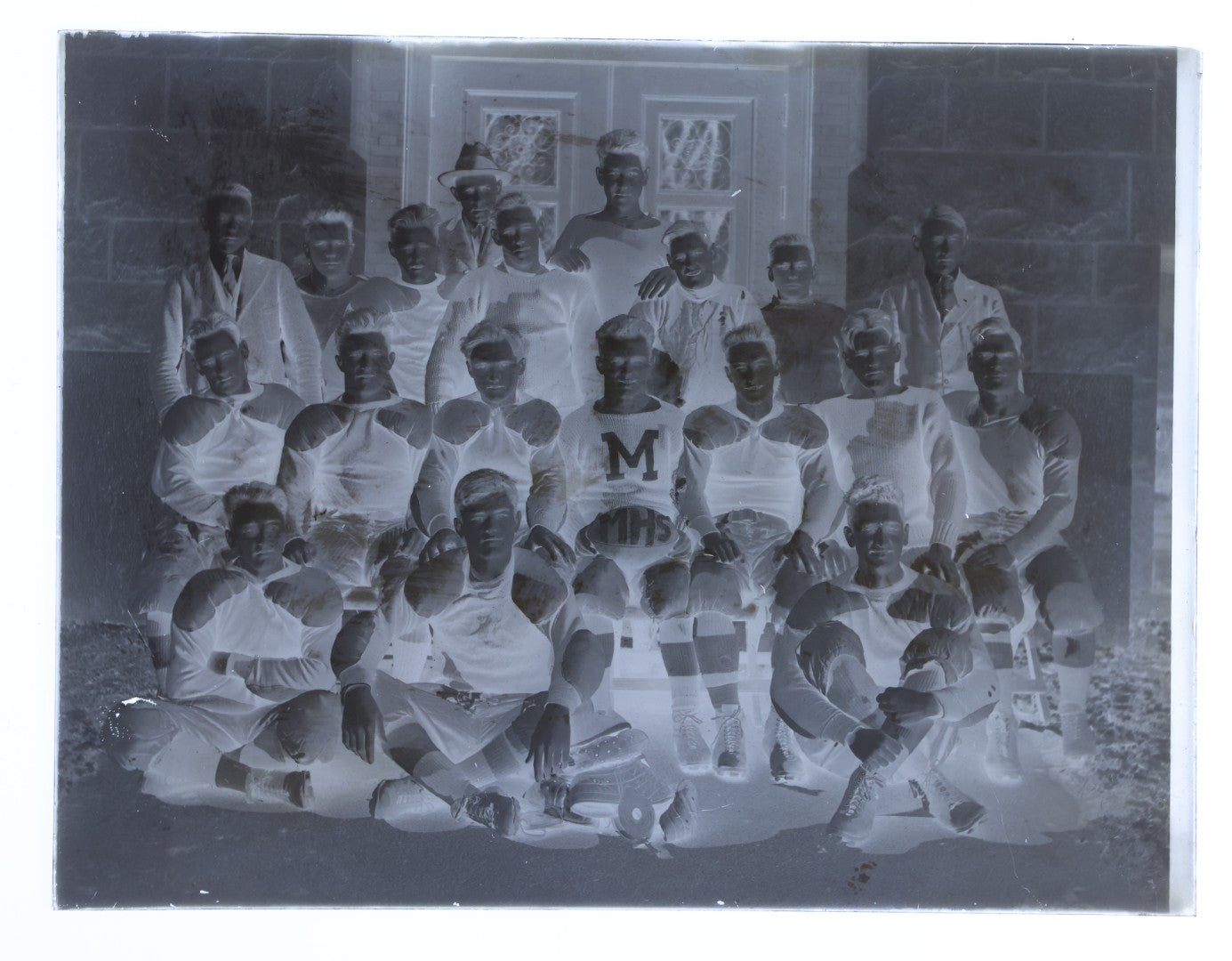 Lot 147 - Vintage Glass Plate Photographic Negative Of Mhs Football Team Portrait With Players In Numbered Uniforms Posed In Rows