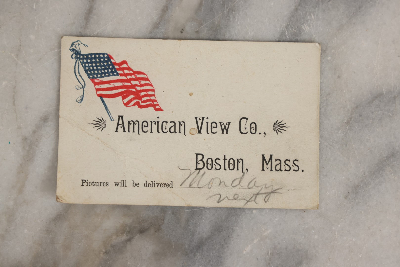 Lot 151 - Antique Box Lot Of Fifteen “Pocket Kodak” Miniature Boarded Photographs Including Dog On Stool, Boys Smoking Pipes, And Man In Workshop, With Camp Alger Flag Pin And American Views Co. Trade Card In John D. Cutter & Co. Chromolithograph Box