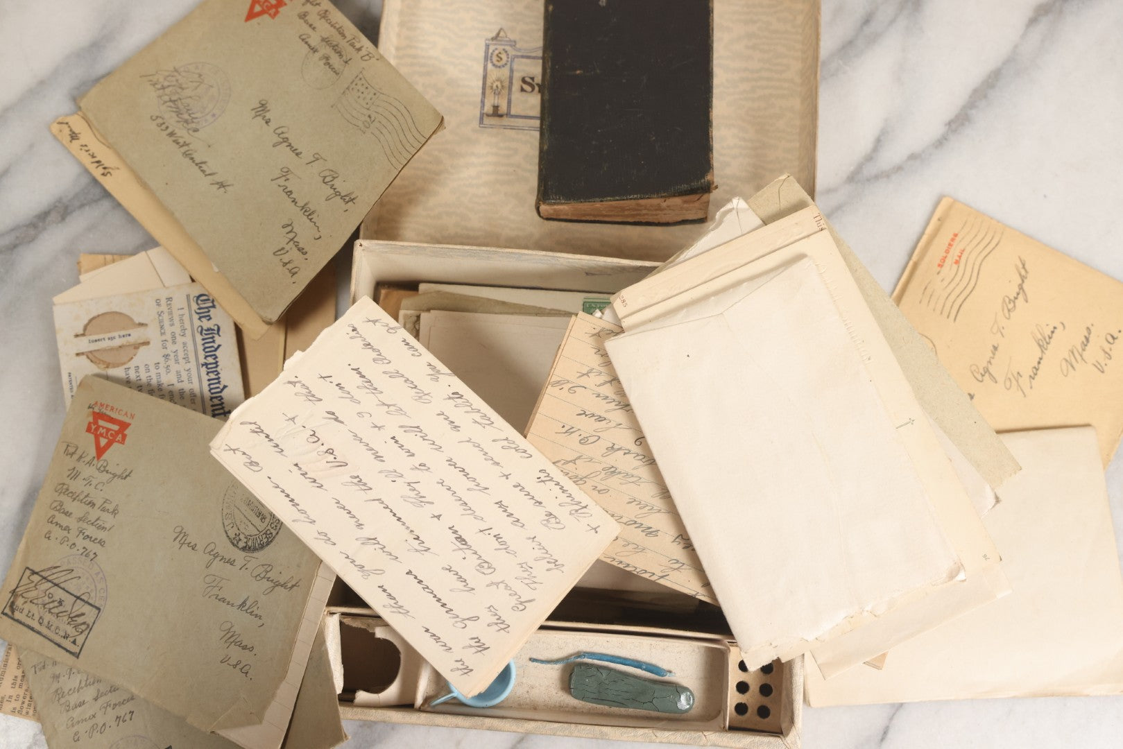 Lot 152 - Antique Cache Of World War One Letters From Private Karl A. Bright In France To His Mother In Franklin, Massachusetts, With 1839 Mini Bible And Ephemera In “Symphony Lawn” Box