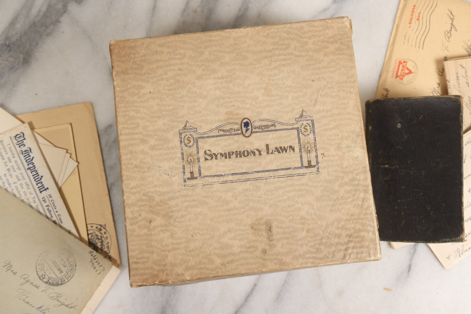 Lot 152 - Antique Cache Of World War One Letters From Private Karl A. Bright In France To His Mother In Franklin, Massachusetts, With 1839 Mini Bible And Ephemera In “Symphony Lawn” Box
