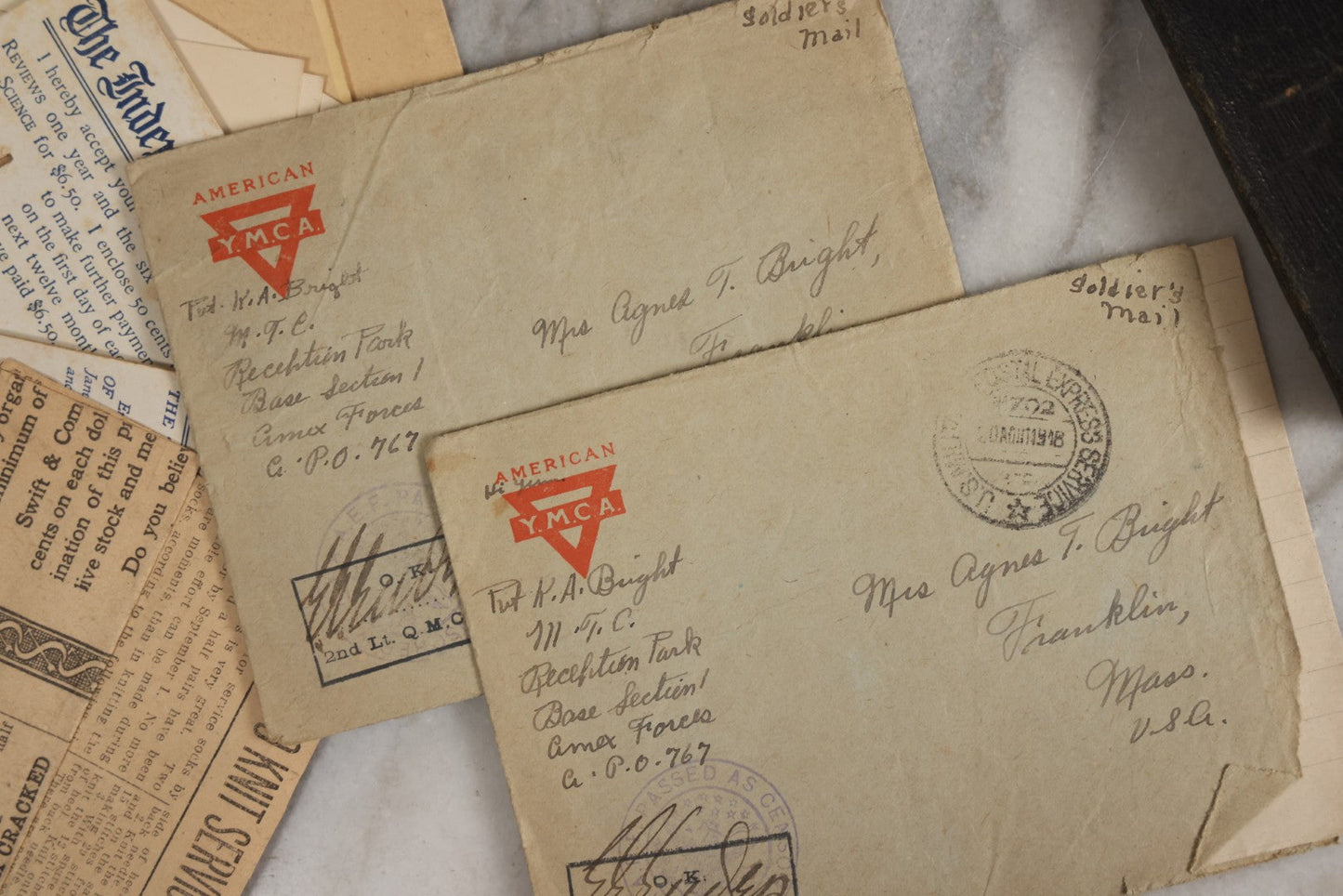 Lot 152 - Antique Cache Of World War One Letters From Private Karl A. Bright In France To His Mother In Franklin, Massachusetts, With 1839 Mini Bible And Ephemera In “Symphony Lawn” Box