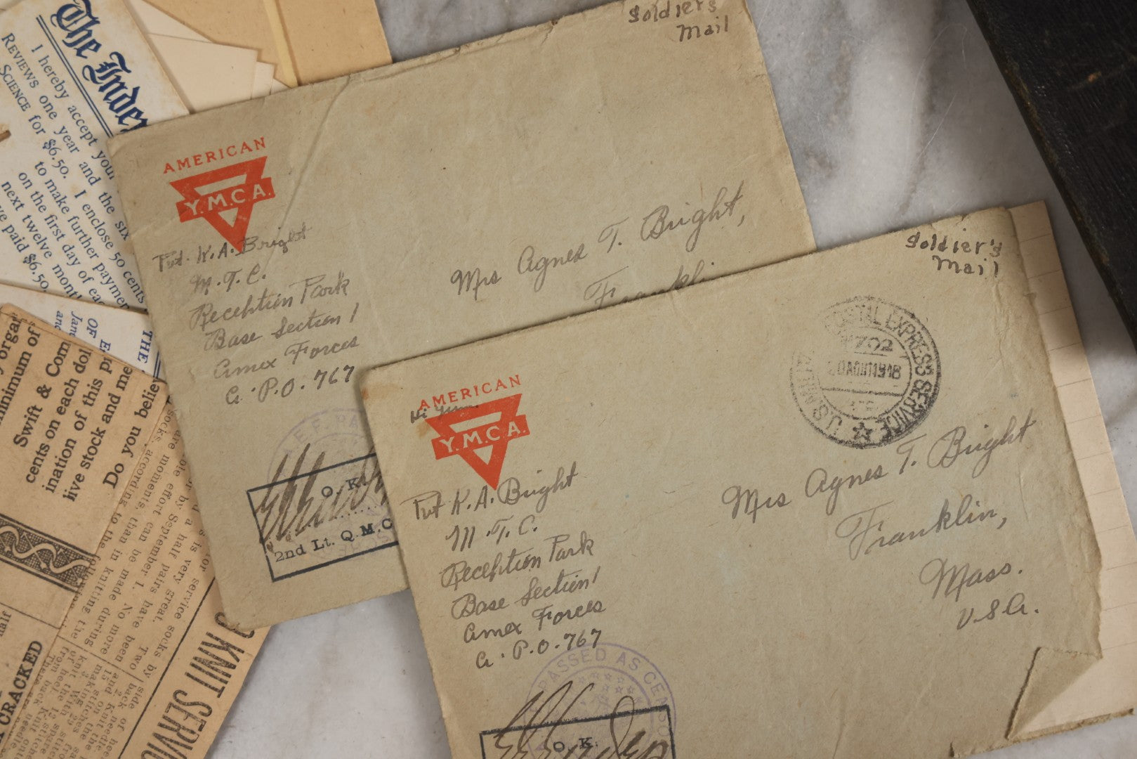 Lot 152 - Antique Cache Of World War One Letters From Private Karl A. Bright In France To His Mother In Franklin, Massachusetts, With 1839 Mini Bible And Ephemera In “Symphony Lawn” Box