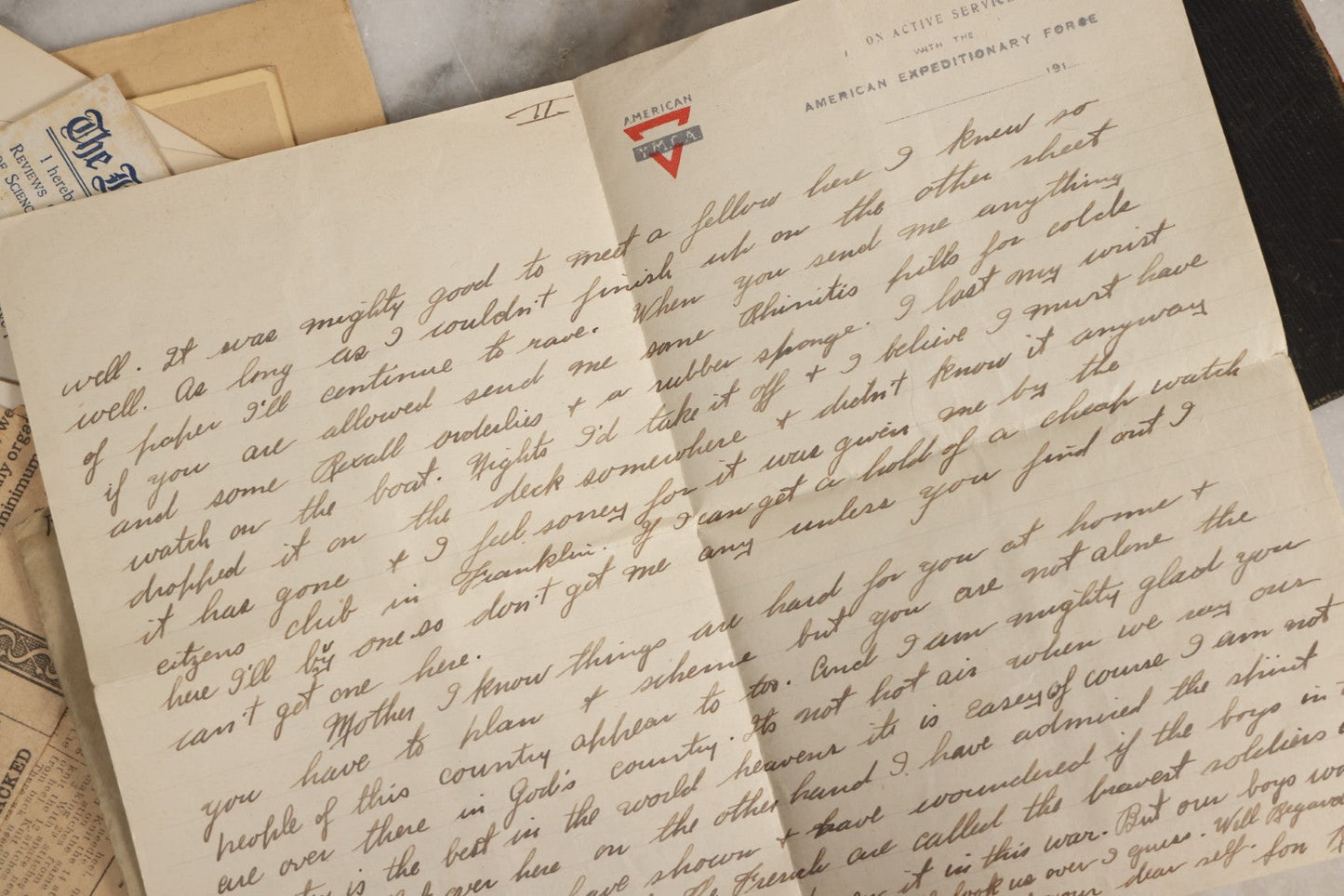 Lot 152 - Antique Cache Of World War One Letters From Private Karl A. Bright In France To His Mother In Franklin, Massachusetts, With 1839 Mini Bible And Ephemera In “Symphony Lawn” Box