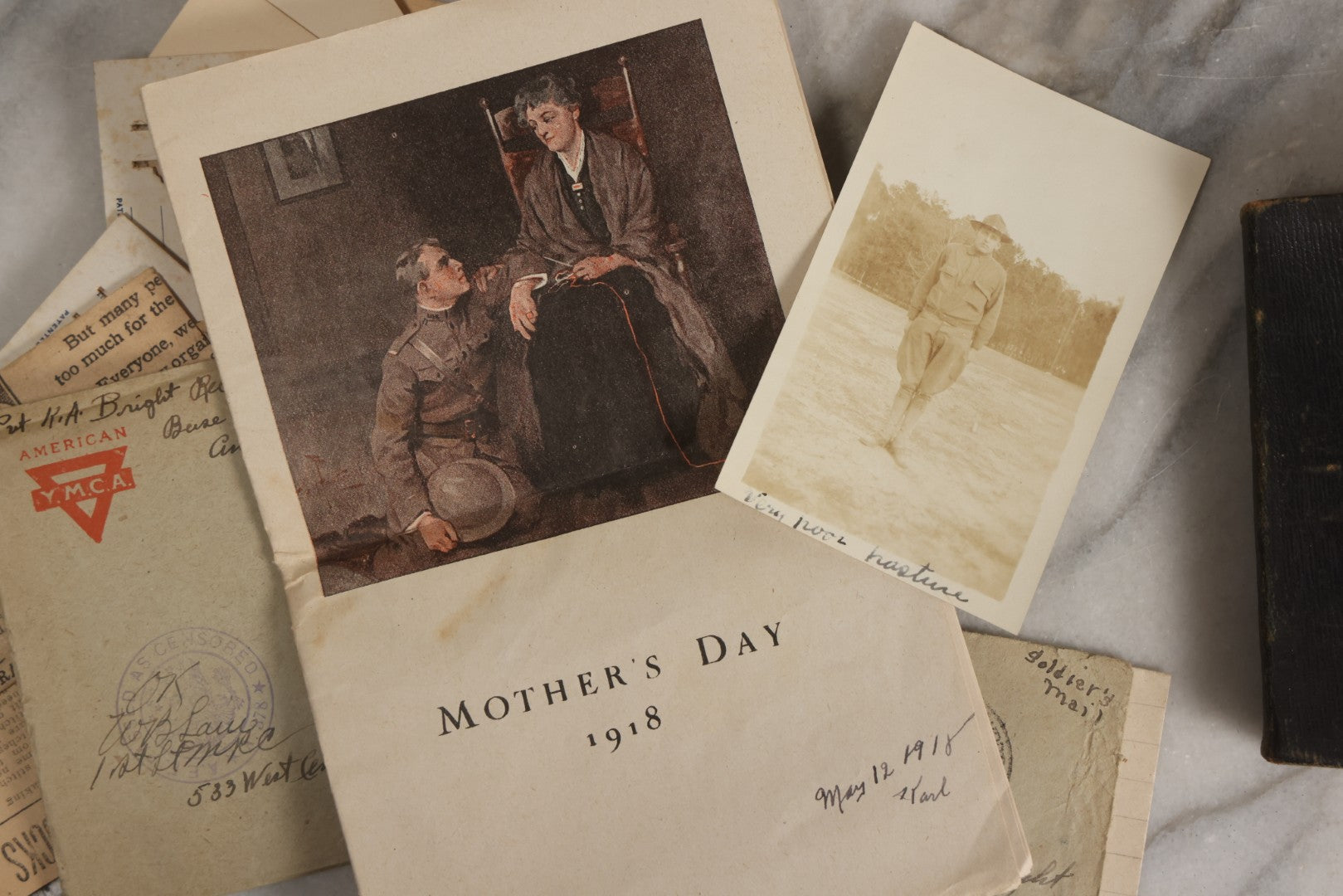 Lot 152 - Antique Cache Of World War One Letters From Private Karl A. Bright In France To His Mother In Franklin, Massachusetts, With 1839 Mini Bible And Ephemera In “Symphony Lawn” Box