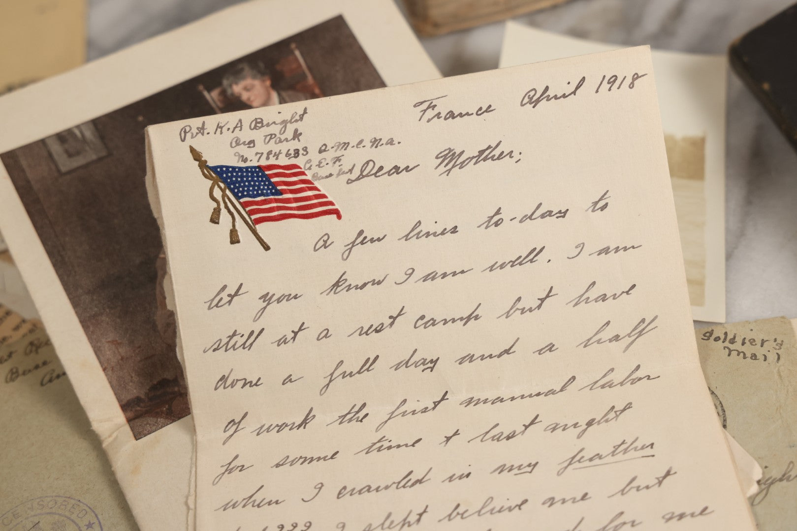 Lot 152 - Antique Cache Of World War One Letters From Private Karl A. Bright In France To His Mother In Franklin, Massachusetts, With 1839 Mini Bible And Ephemera In “Symphony Lawn” Box