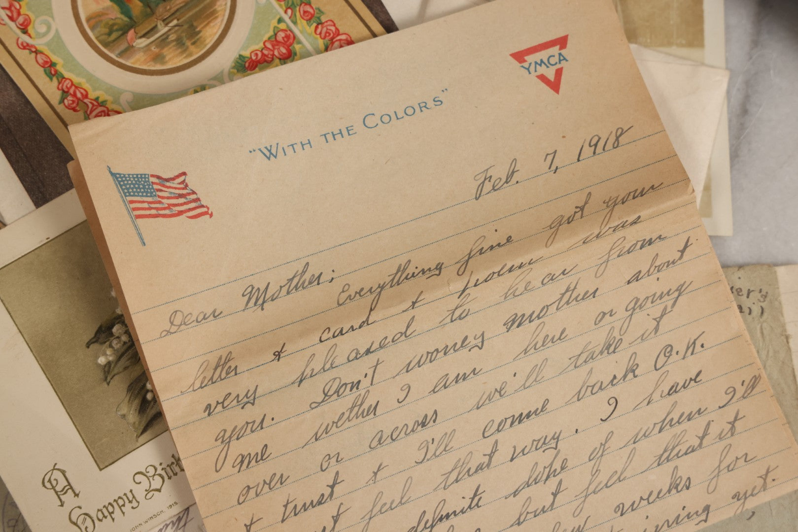 Lot 152 - Antique Cache Of World War One Letters From Private Karl A. Bright In France To His Mother In Franklin, Massachusetts, With 1839 Mini Bible And Ephemera In “Symphony Lawn” Box