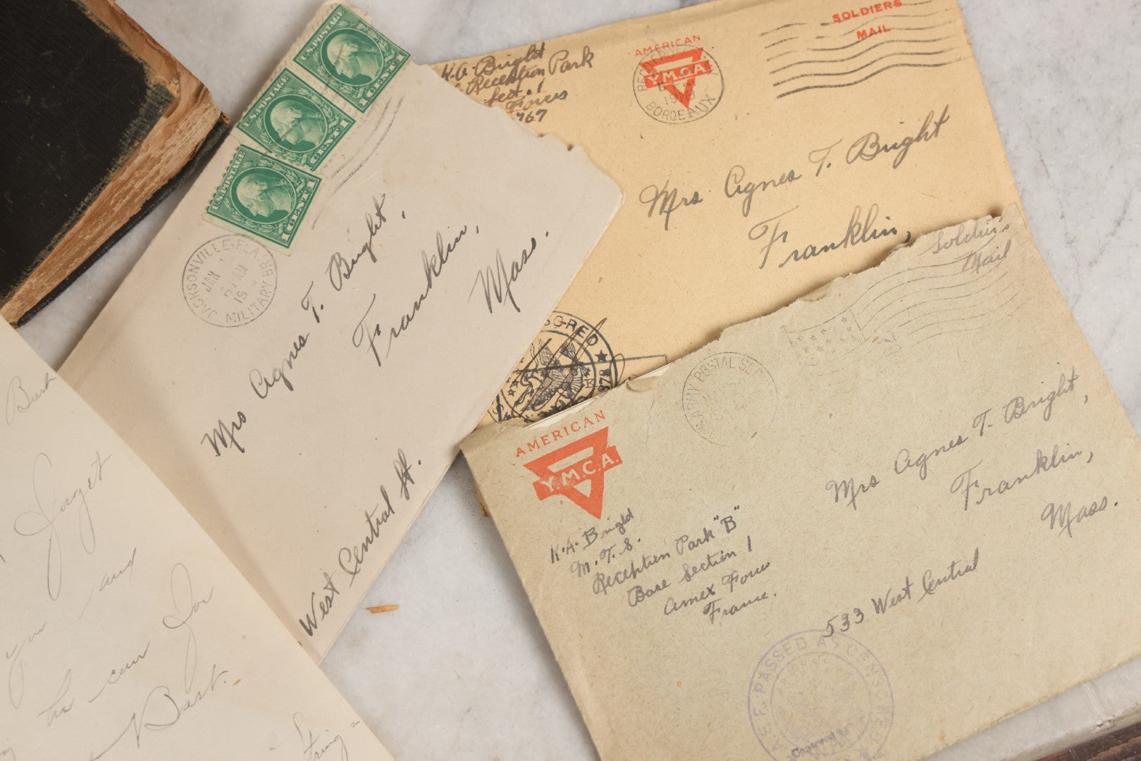 Lot 152 - Antique Cache Of World War One Letters From Private Karl A. Bright In France To His Mother In Franklin, Massachusetts, With 1839 Mini Bible And Ephemera In “Symphony Lawn” Box