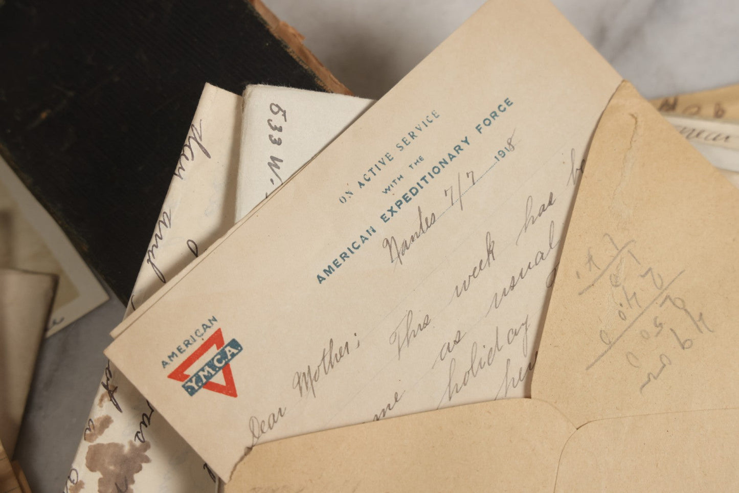 Lot 152 - Antique Cache Of World War One Letters From Private Karl A. Bright In France To His Mother In Franklin, Massachusetts, With 1839 Mini Bible And Ephemera In “Symphony Lawn” Box