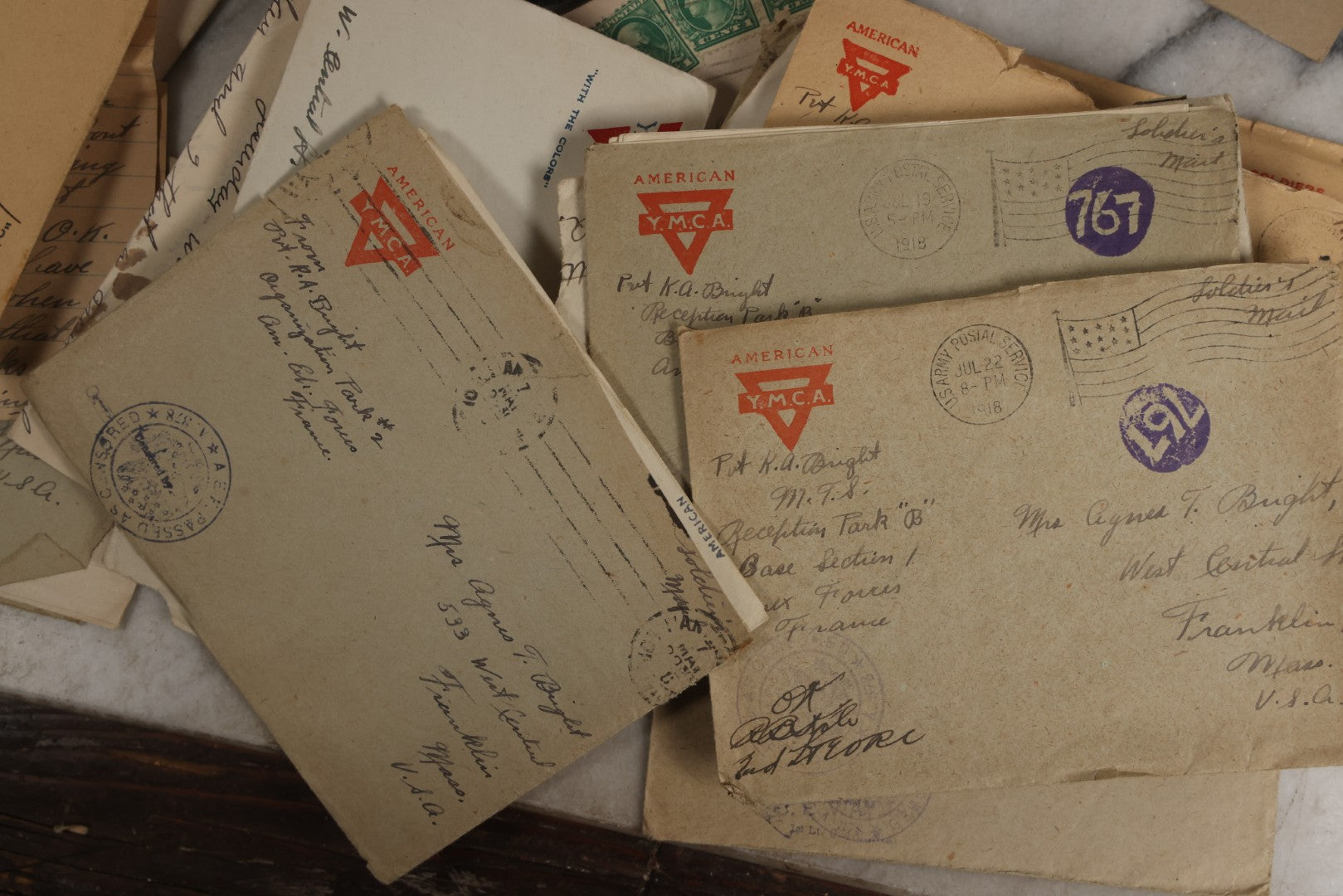 Lot 152 - Antique Cache Of World War One Letters From Private Karl A. Bright In France To His Mother In Franklin, Massachusetts, With 1839 Mini Bible And Ephemera In “Symphony Lawn” Box