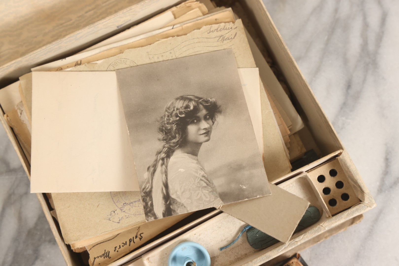 Lot 152 - Antique Cache Of World War One Letters From Private Karl A. Bright In France To His Mother In Franklin, Massachusetts, With 1839 Mini Bible And Ephemera In “Symphony Lawn” Box