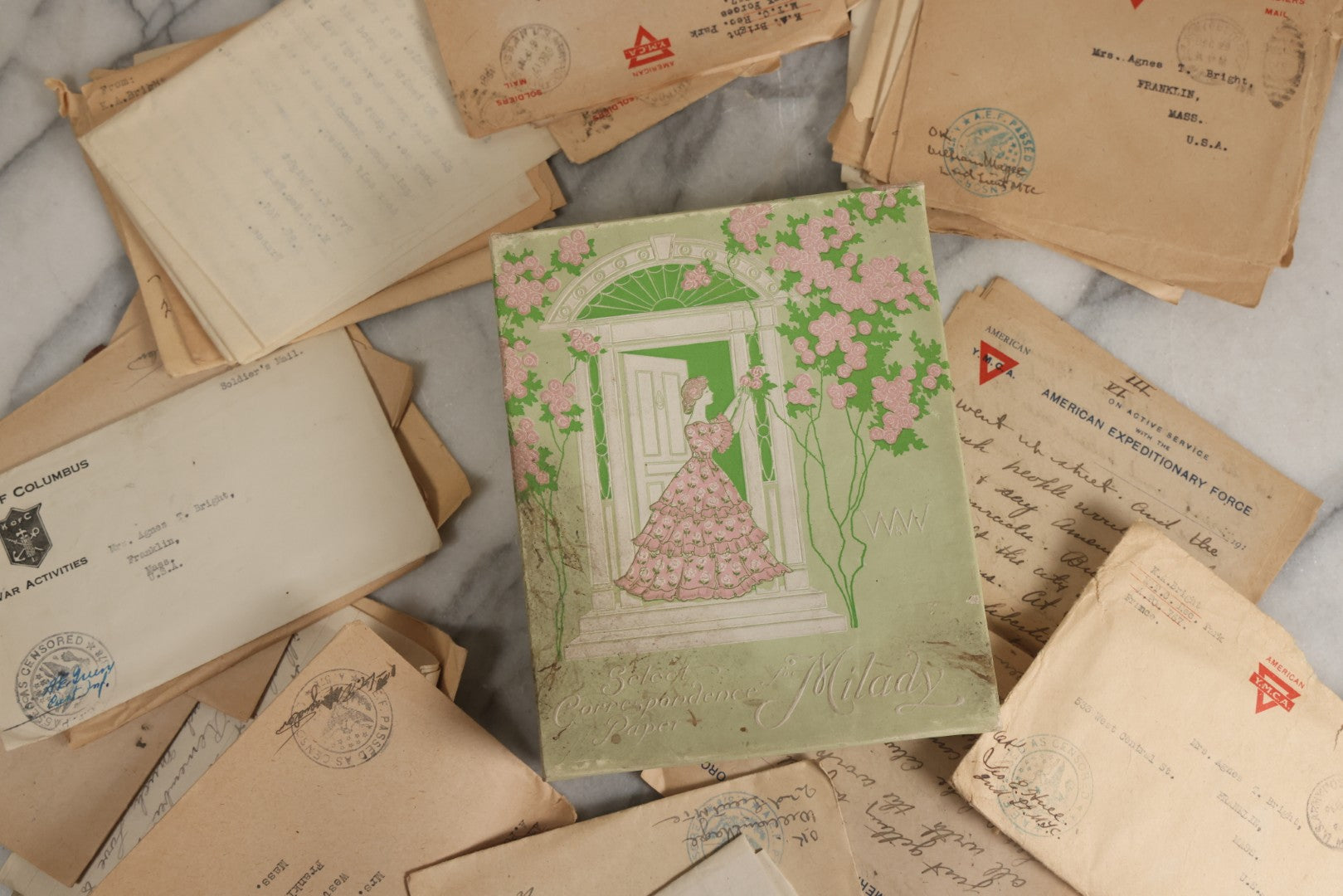 Lot 153 - Antique Cache Of 1919 Post–World War One Letters From Private Karl A. Bright In France To His Mother In Franklin, Massachusetts, With Ephemera In Green And Pink Stationery Box