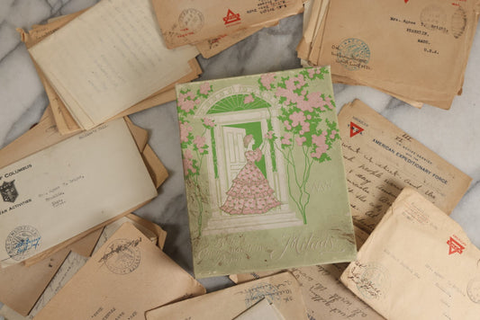 Lot 153 - Antique Cache Of 1919 Post–World War One Letters From Private Karl A. Bright In France To His Mother In Franklin, Massachusetts, With Ephemera In Green And Pink Stationery Box