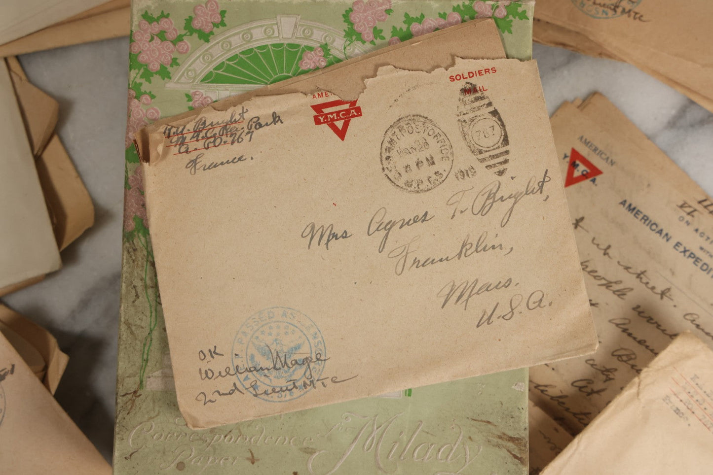 Lot 153 - Antique Cache Of 1919 Post–World War One Letters From Private Karl A. Bright In France To His Mother In Franklin, Massachusetts, With Ephemera In Green And Pink Stationery Box