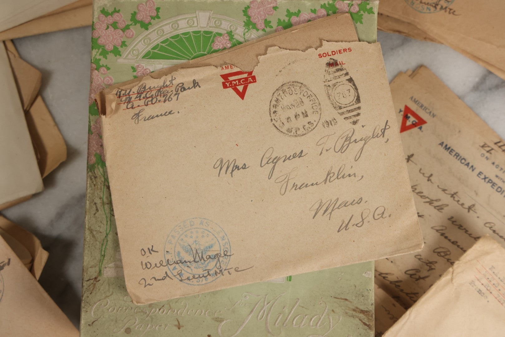 Lot 153 - Antique Cache Of 1919 Post–World War One Letters From Private Karl A. Bright In France To His Mother In Franklin, Massachusetts, With Ephemera In Green And Pink Stationery Box