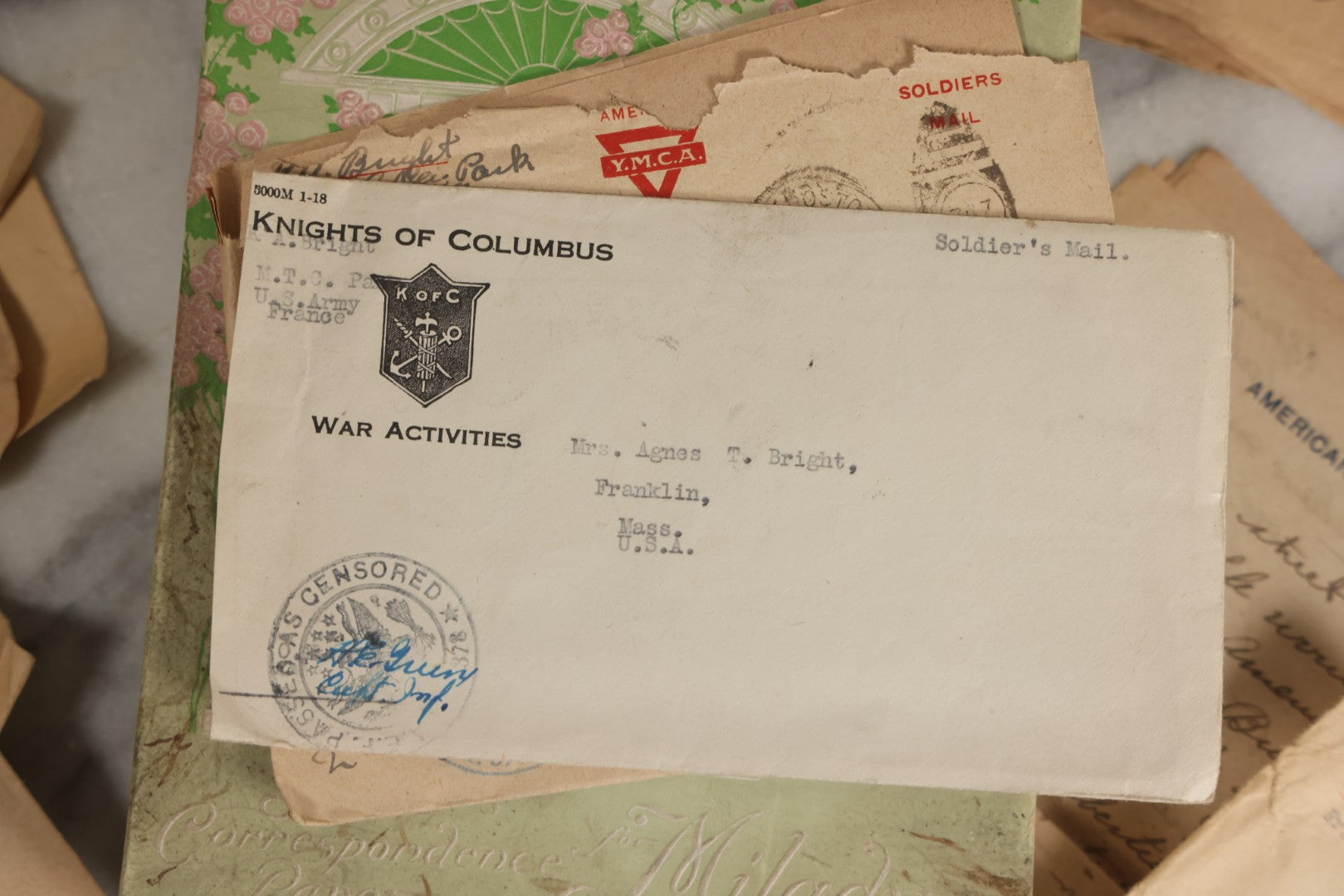 Lot 153 - Antique Cache Of 1919 Post–World War One Letters From Private Karl A. Bright In France To His Mother In Franklin, Massachusetts, With Ephemera In Green And Pink Stationery Box