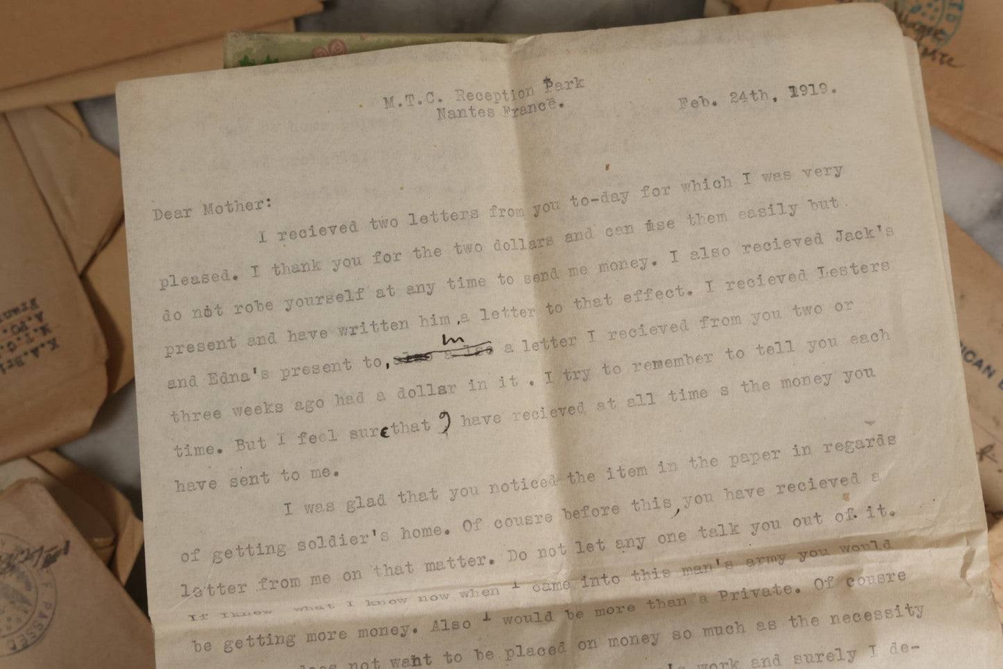 Lot 153 - Antique Cache Of 1919 Post–World War One Letters From Private Karl A. Bright In France To His Mother In Franklin, Massachusetts, With Ephemera In Green And Pink Stationery Box