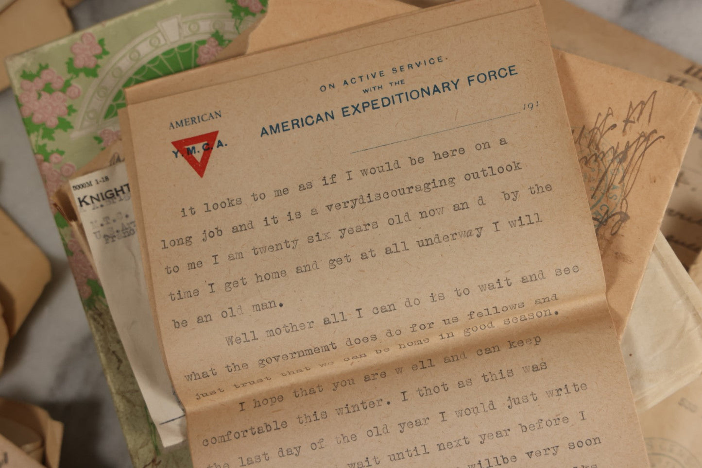 Lot 153 - Antique Cache Of 1919 Post–World War One Letters From Private Karl A. Bright In France To His Mother In Franklin, Massachusetts, With Ephemera In Green And Pink Stationery Box