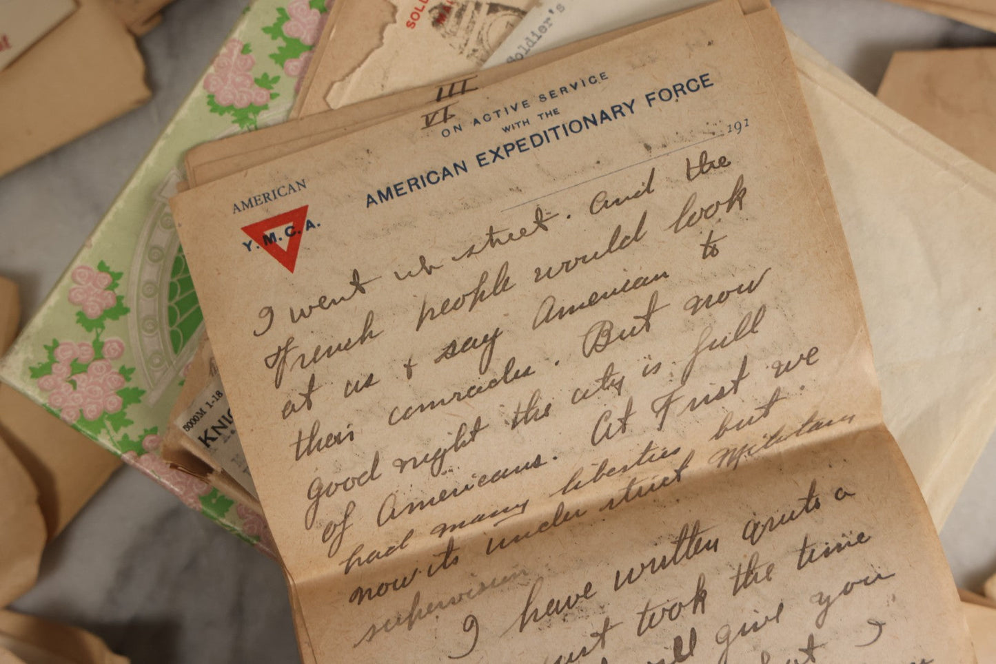 Lot 153 - Antique Cache Of 1919 Post–World War One Letters From Private Karl A. Bright In France To His Mother In Franklin, Massachusetts, With Ephemera In Green And Pink Stationery Box